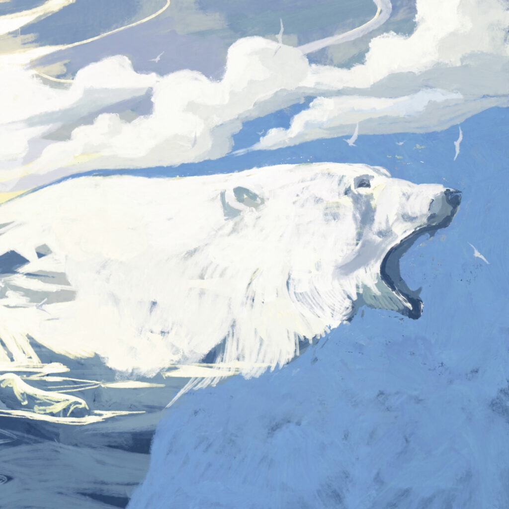 Orso polare simbolico disegnato dall'artista Cosimo Miorelli, rappresentante della sostenibilità ambientale nell'industria del packaging. L'immagine fa parte del sito web di Basiliotti, un'azienda impegnata nella produzione di packaging sostenibile.
