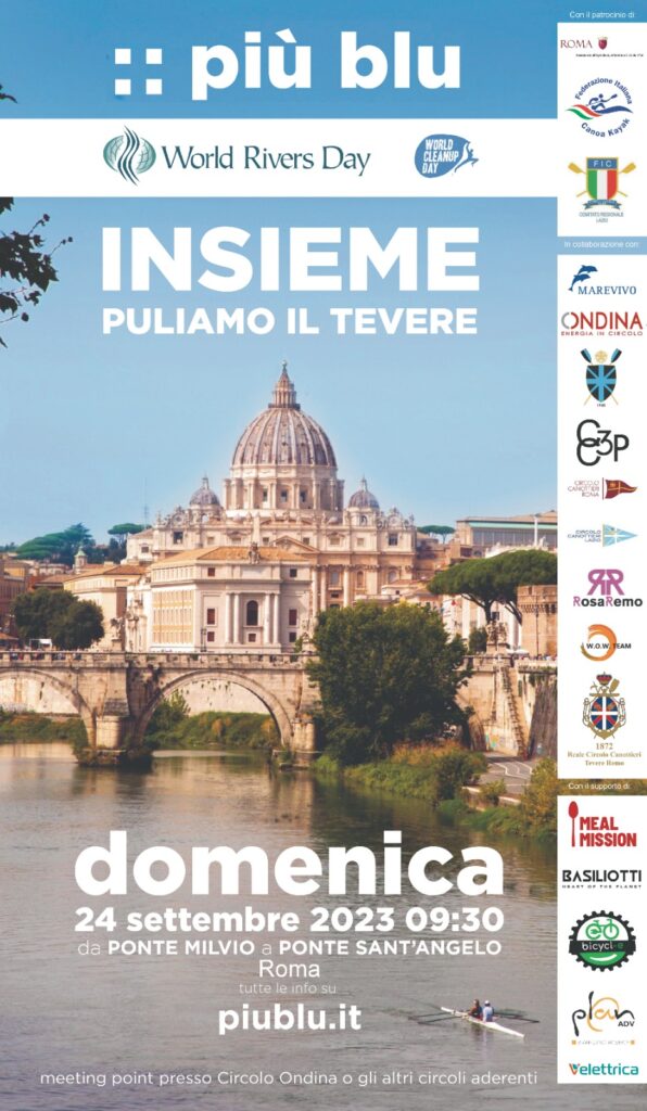 Locandina dell'evento di pulizia del Tevere organizzato da Basiliotti, azienda di packaging sostenibile. L'immagine mostra i dettagli dell'iniziativa di rimozione dei rifiuti plastici dal fiume Tevere. Sono presenti informazioni sull'evento, inclusa la data, l'orario e il luogo. La locandina presenta il logo di Basiliotti e evidenzia l'impegno dell'azienda per un ambiente più pulito e sostenibile.