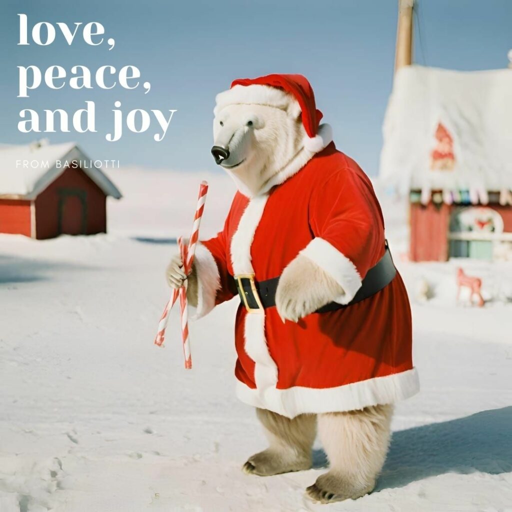 Orso bianco vestito da Babbo Natale con la scritta 'Pace e Amore', rappresentante l'iniziativa di Natale solidale dell'azienda Basiliotti che promuove il packaging sostenibile.