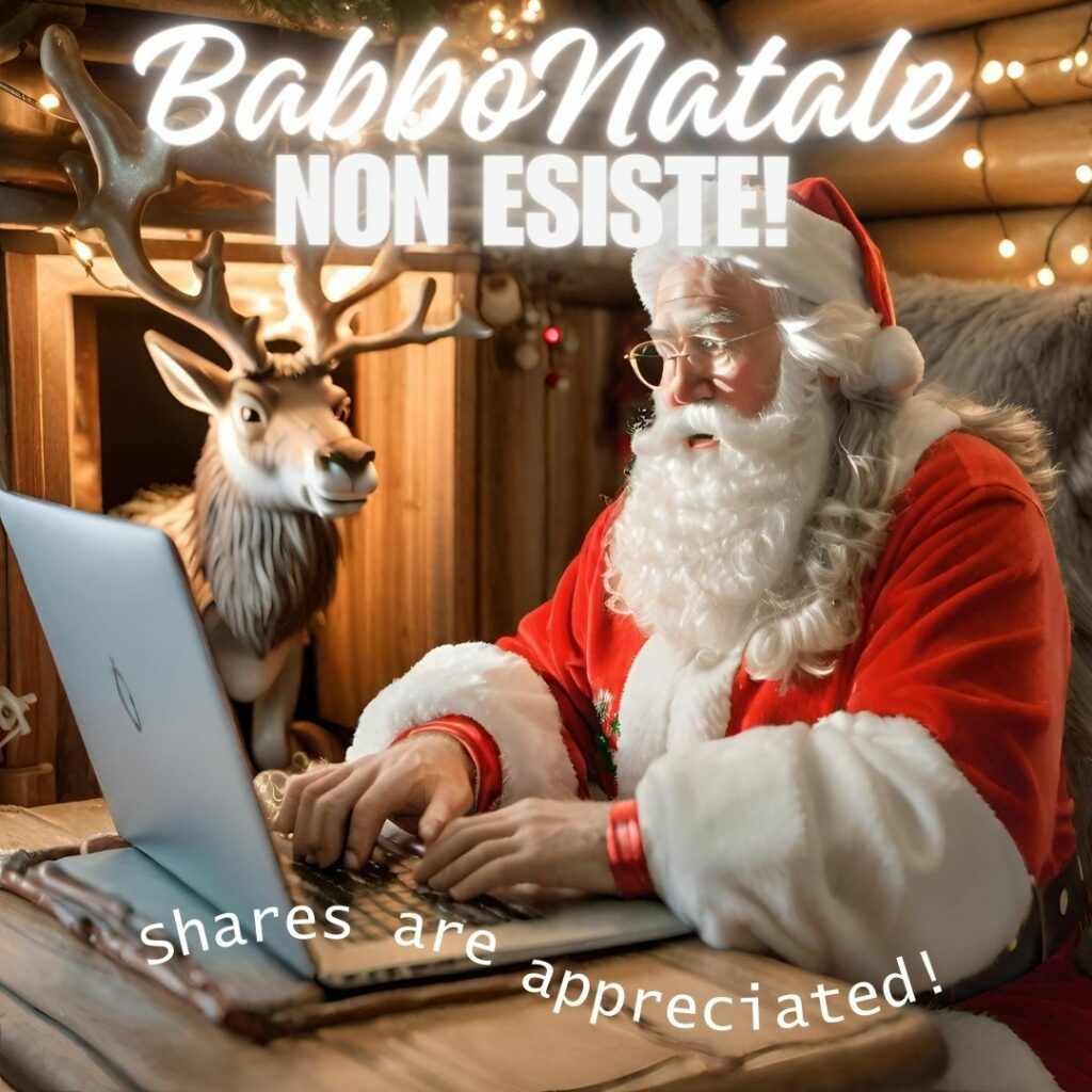 Immagine di Babbo Natale al computer con una renna accanto, rappresentante l'impegno di Basiliotti nell'organizzare un Natale solidale. Basiliotti, azienda specializzata in packaging sostenibile, promuove l'inclusione sociale e l'aiuto reciproco durante le festività.